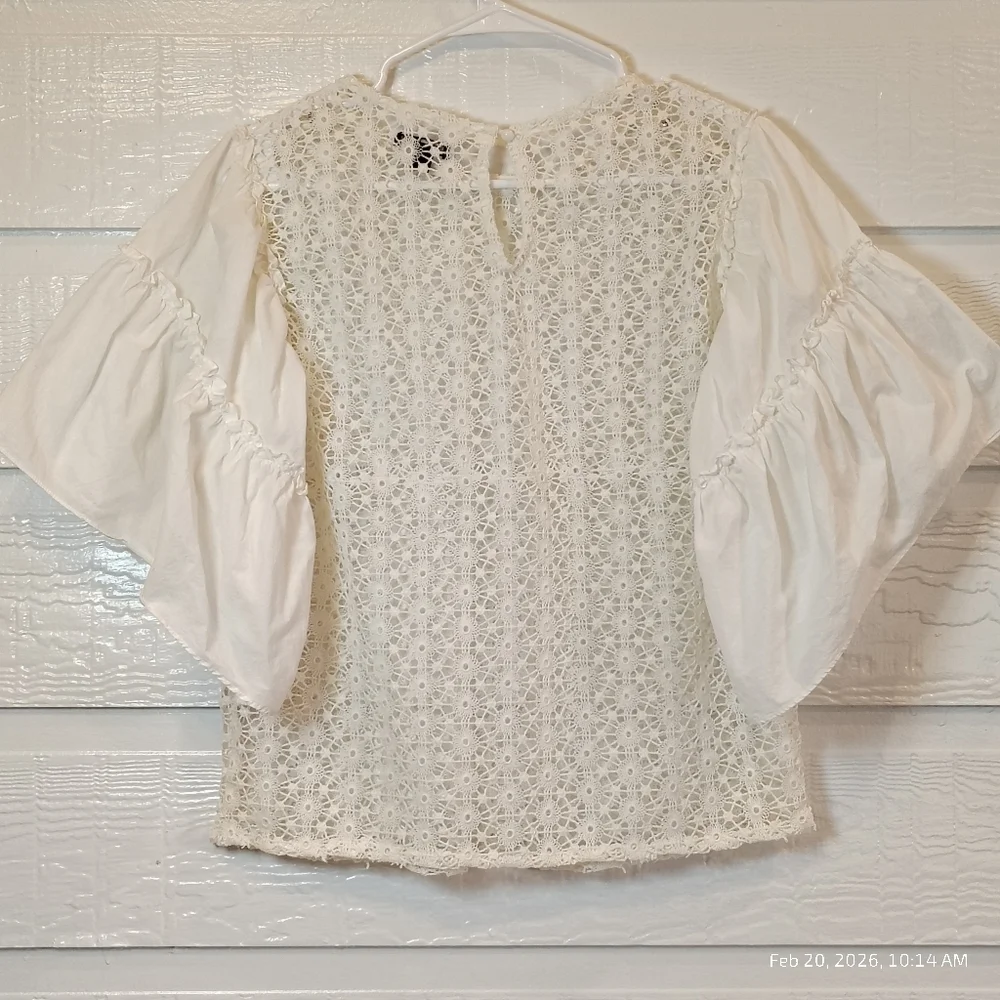 CROCHET LACE GERTIE TOP Perforated Bell Ruffle Sleeve White LG BOHO COTTAGE CORE - Picture 6 of 6